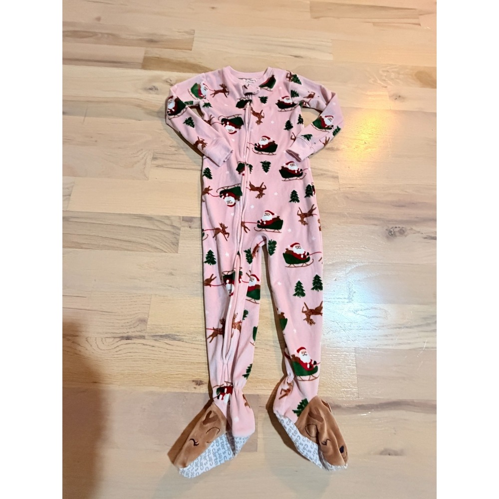 Carter's Child of Mine 3T Velour Footed Pajamas Pink Holiday Reindeer Feet Santa
